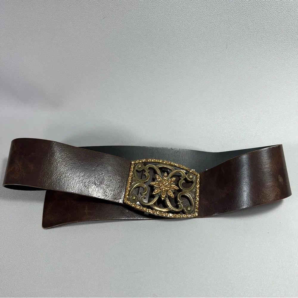 Stunning Brown Leather Wide Belt with Rhinestone Embellished Bronze Buckle